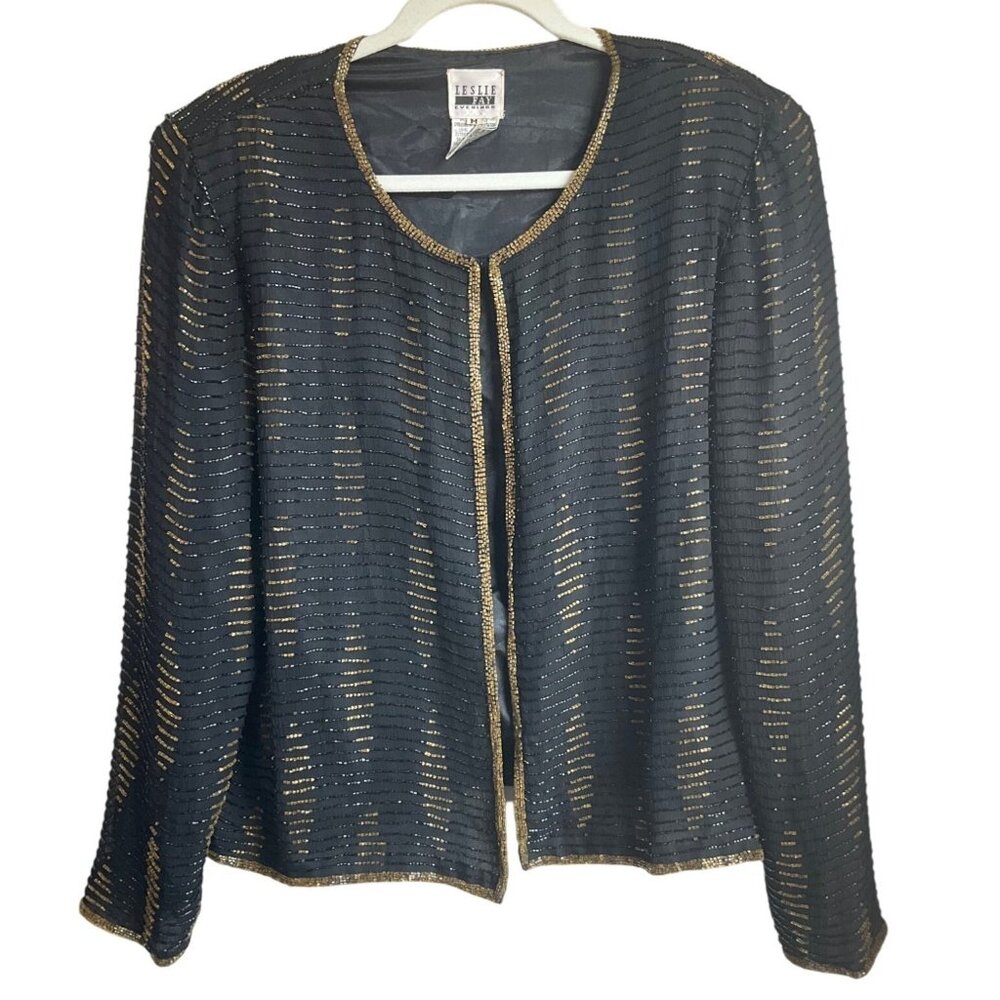 Leslie Fay Evenings Sz Medium-Large Beaded Formal Jacket Black & Gold Silk 90's